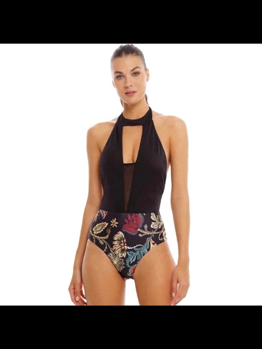 Cosita Linda Black Halter One-Piece Swimsuit with Floral Waist Panel